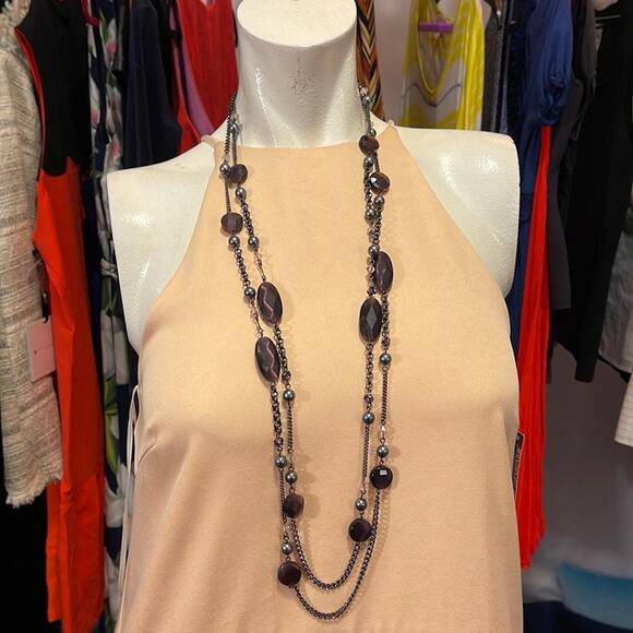 Set of 2 Beads & Metal Necklaces Purple Bronze - Picture 1 of 7